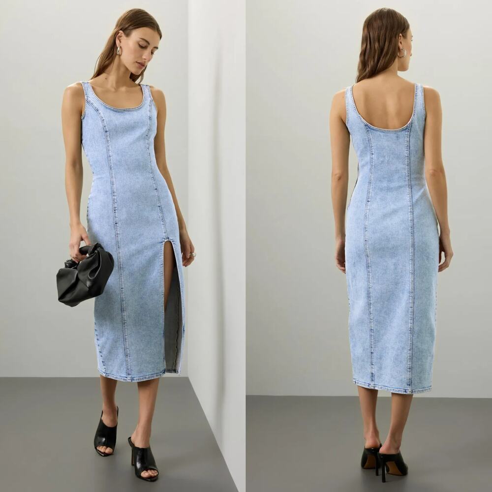Blank NYC Fade Away Dress Sleeveless Side Slit Midi Vintage Indigo Wash Denim M
